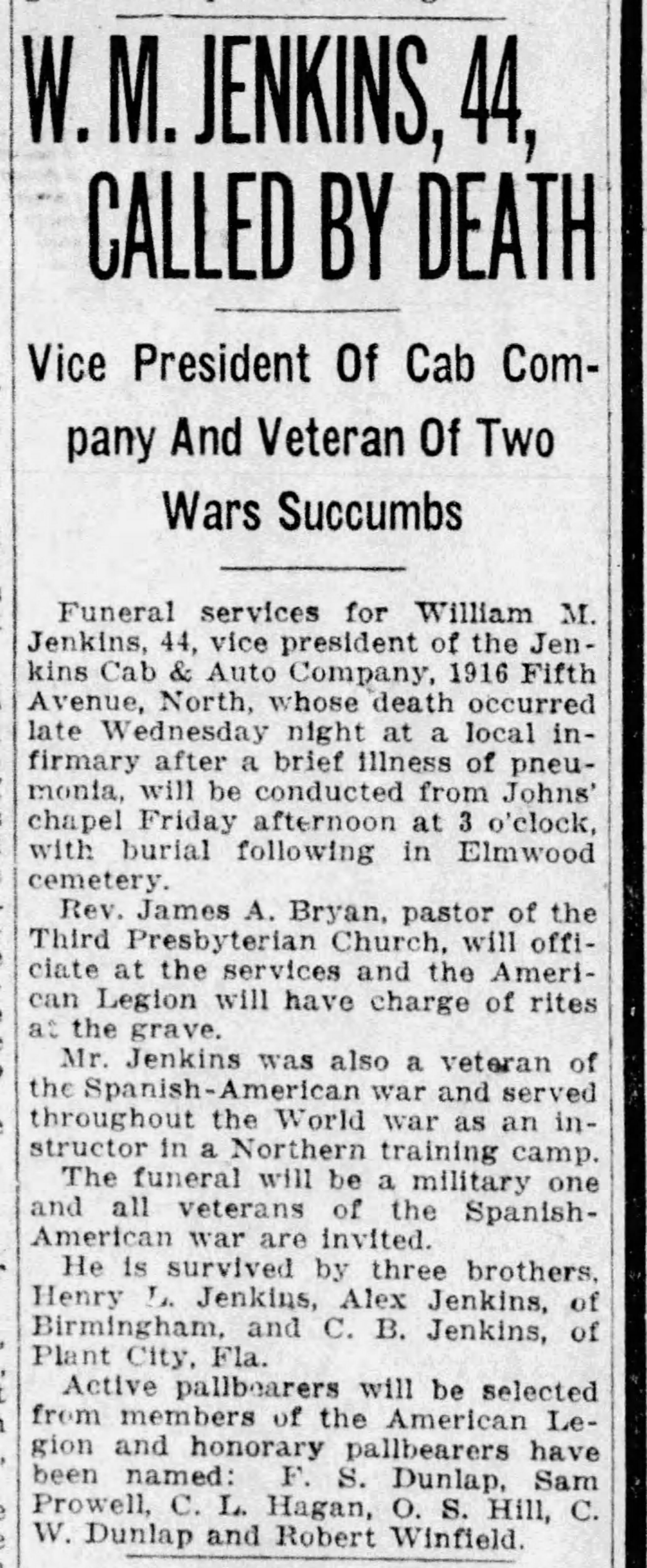 W.M. Jenkins, 44, Called By Death